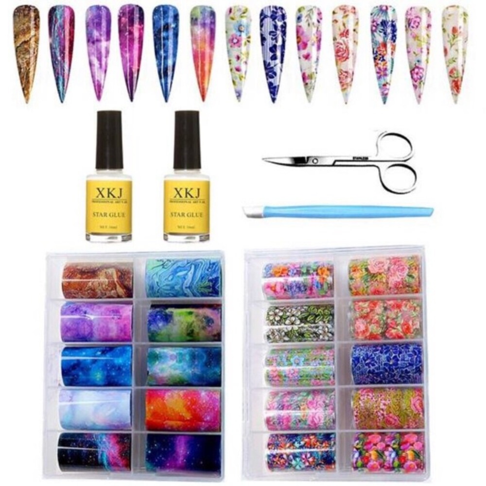 20 Color Starry Sky Stars Nail Art Foil with Nail Glue, Holographic